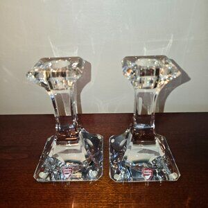 Orrefors Regina Scandinavian Crystal Candle Holders Set Pair Faceted Sweden